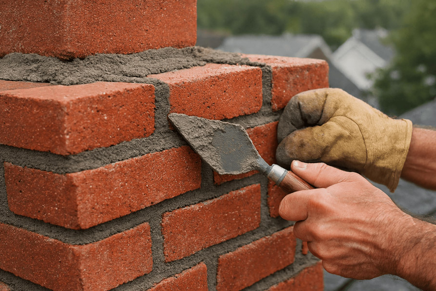 майстор изгражда нов тухлен комин